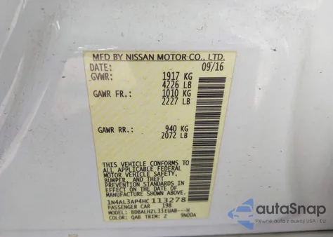 2017 Nissan Altima 2.5 Sr z USA, uszkodzony, nr VIN 1N4AL3AP4HC113278